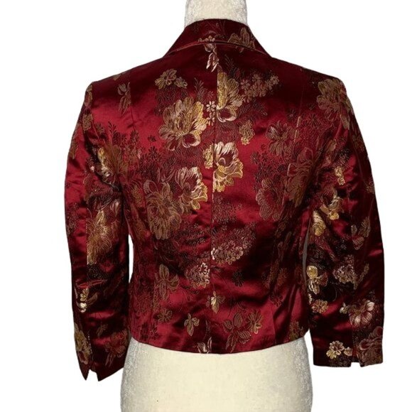 Newport News Asian Inspired Jacquard Blazer 4 Red Gold Buttons 3/4 Sleeve NEW - Picture 5 of 6
